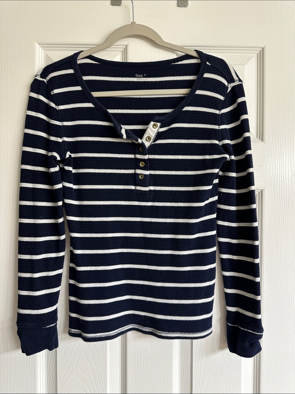 GAP Navy and White Striped Henley V-Neck long sleeve shirt.